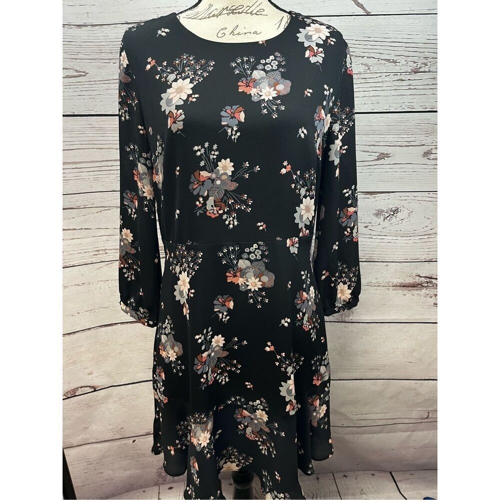 LOFT Petite Floral Print Black Long Sleeve Ruffle Hem Dress Size 12P